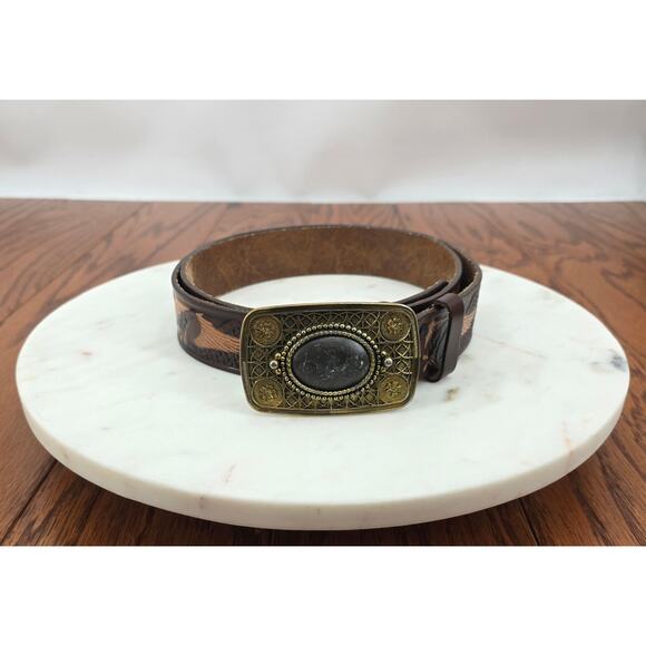 Vintage Wrangler Leather Hand Tooled American Eagle Belt Western Stone Buckle - Picture 1 of 5